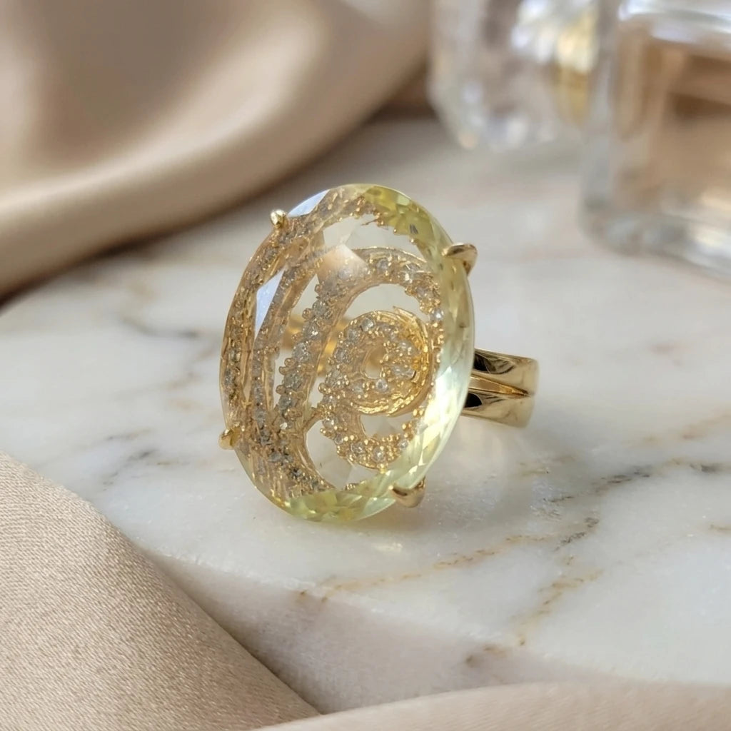 Citrine Stone Ring - 18K Gold Plated Studded Zirconia