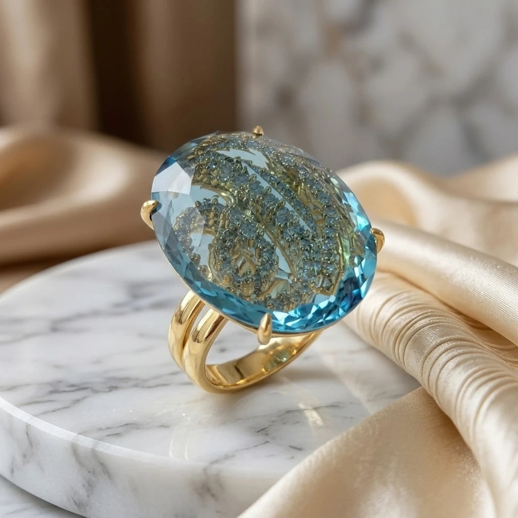 Aquamarine Stone Ring - 18K Gold Plated