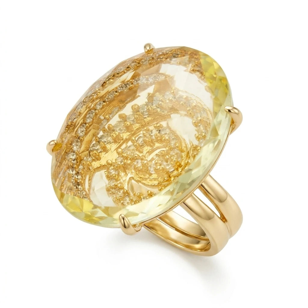 Citrine Stone Ring - 18K Gold Plated Studded Zirconia