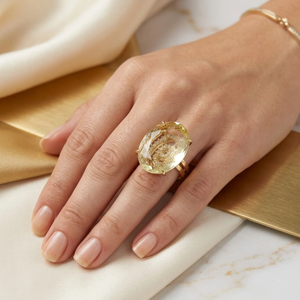 Citrine Stone Ring - 18K Gold Plated Studded Zirconia