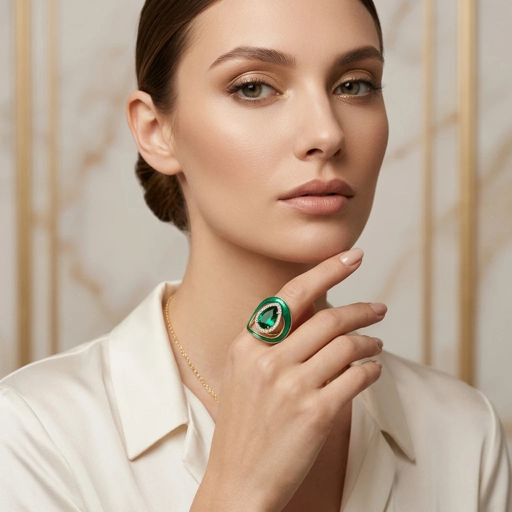 Colombian Emerald Teardrop Surrounded By Studded Zirconia Ring - 18K Gold Plated