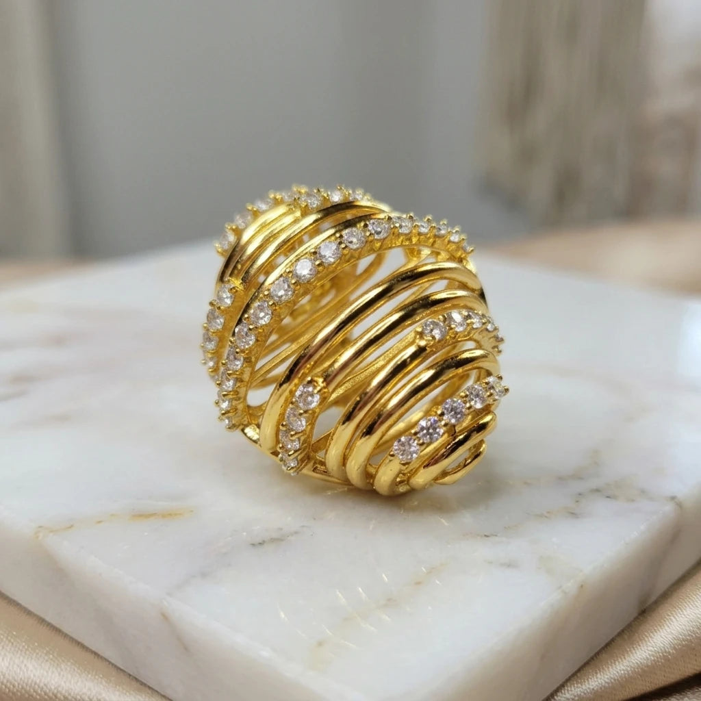 Studded Zirconia Strips Ring - 18K Gold Plated