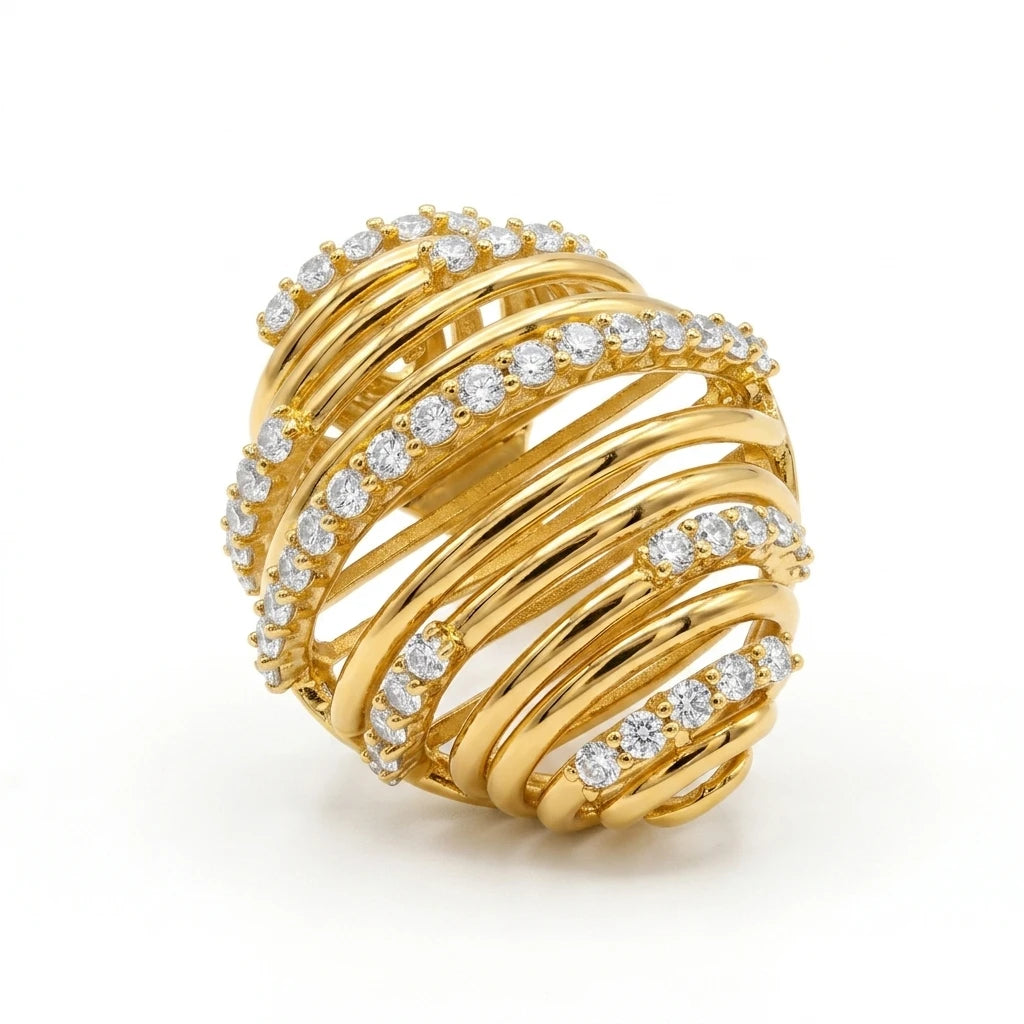 Studded Zirconia Strips Ring - 18K Gold Plated