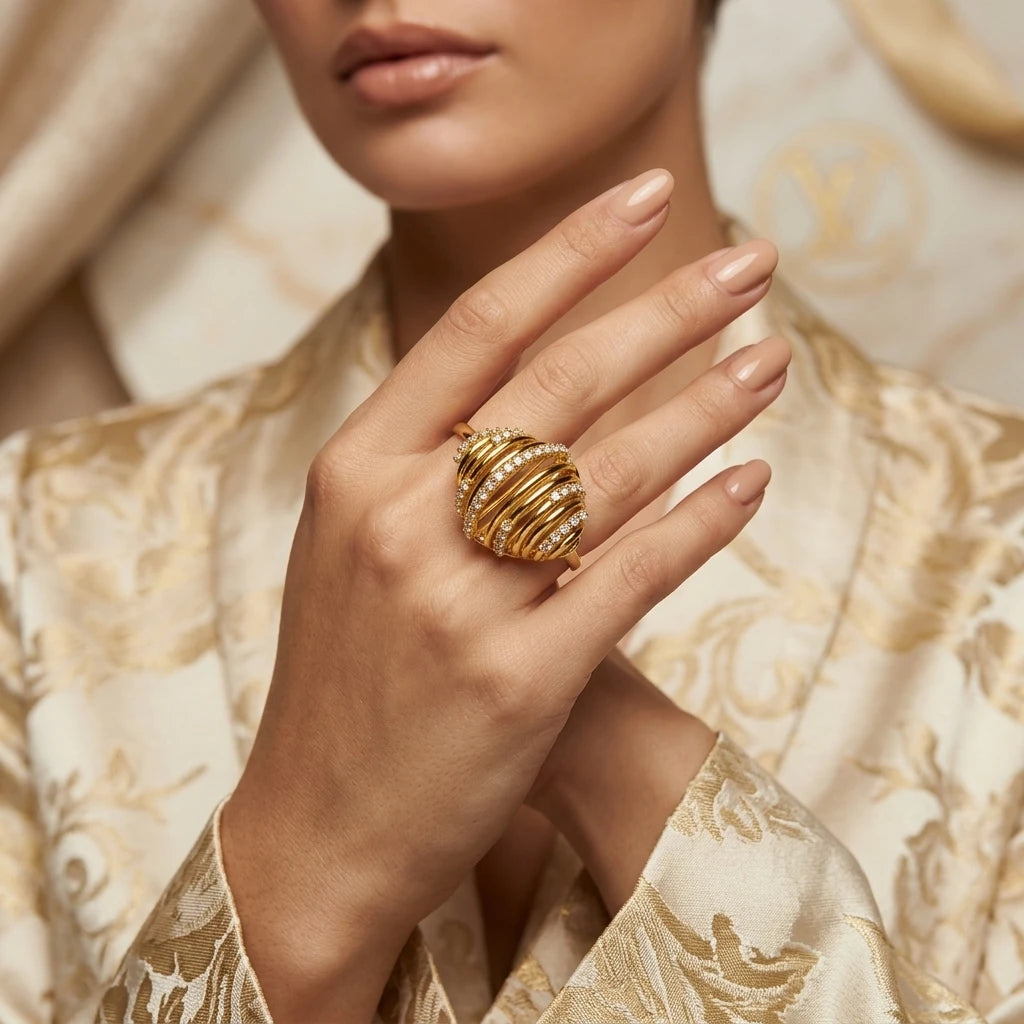 Studded Zirconia Strips Ring - 18K Gold Plated