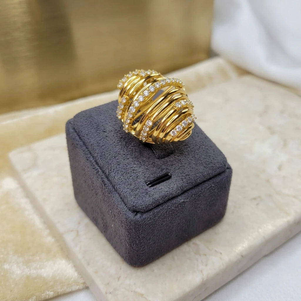 Studded Zirconia Strips Ring - 18K Gold Plated