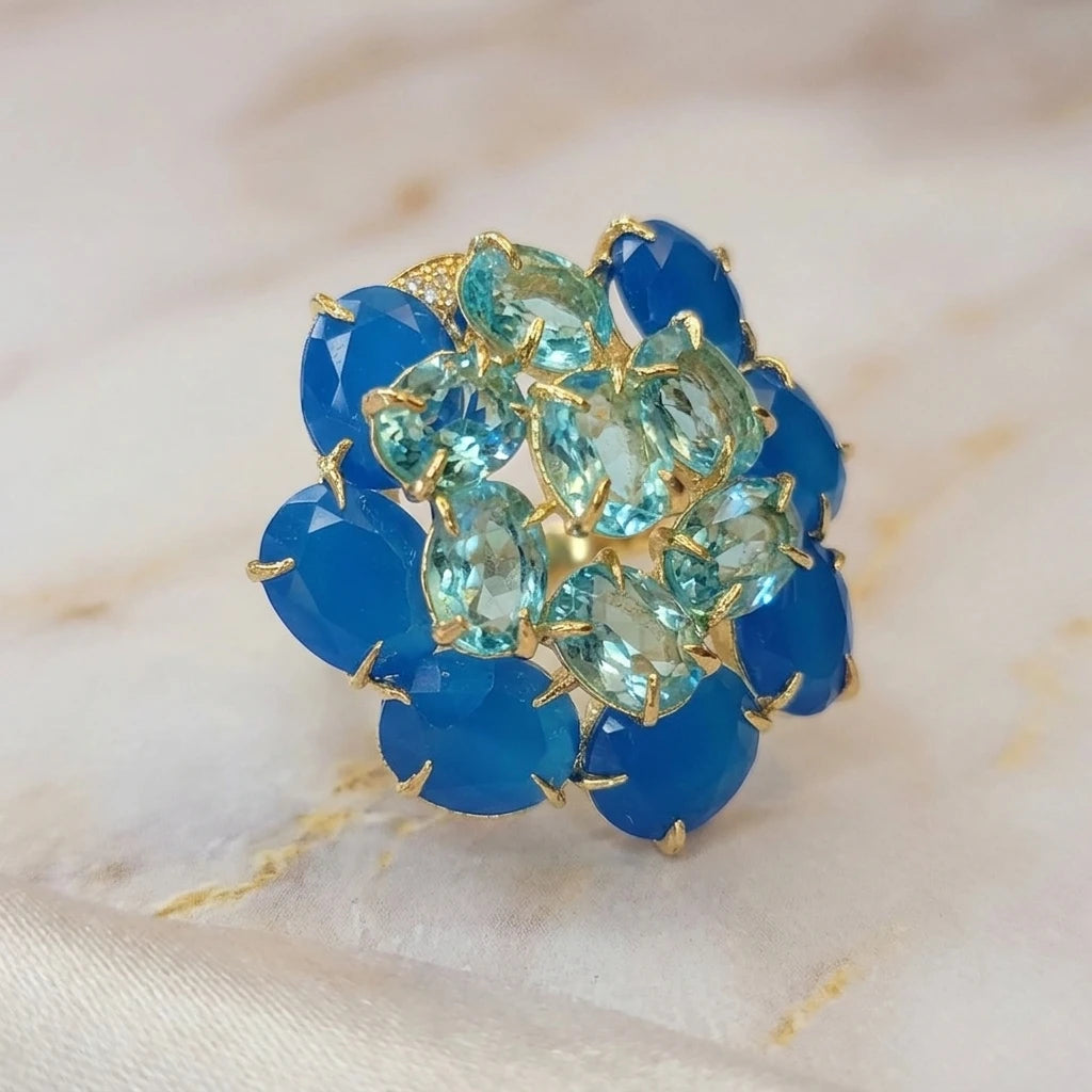 Apatite and Blue Sky Topaz Studded Zirconia Ring - 18K Gold Plated