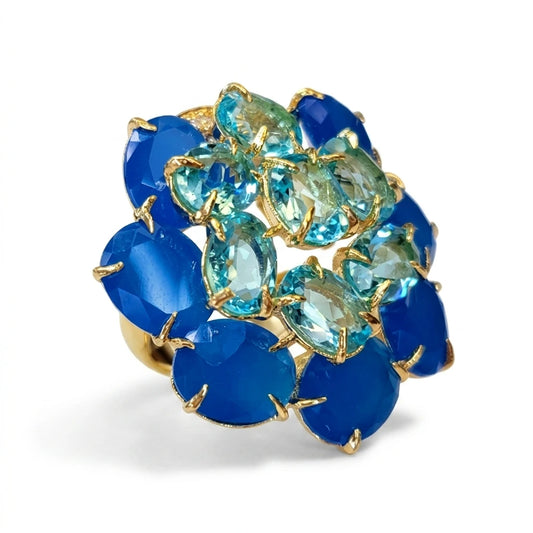 Apatite and Blue Sky Topaz Studded Zirconia Ring - 18K Gold Plated