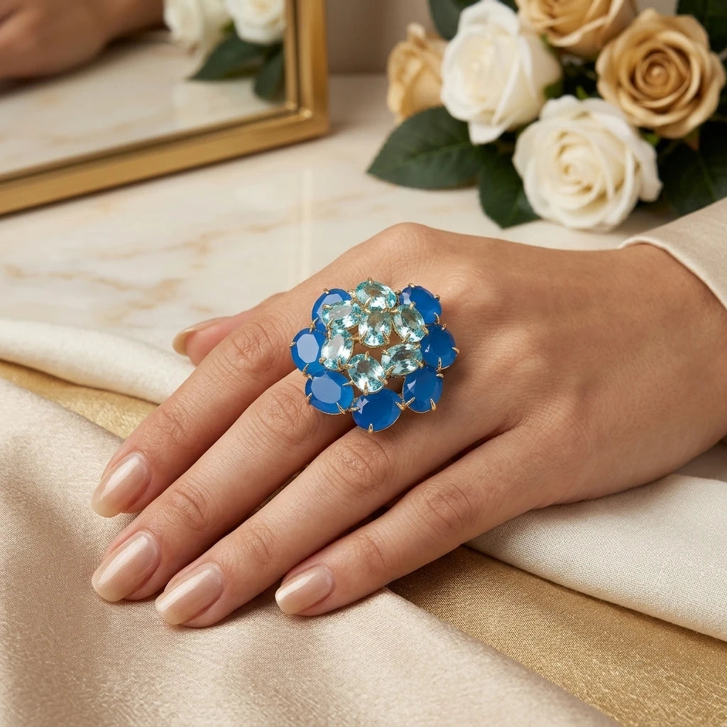 Apatite and Blue Sky Topaz Studded Zirconia Ring - 18K Gold Plated