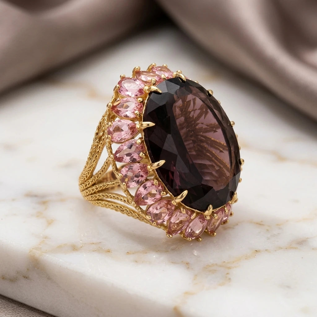 Amethyst and Pink Sapphire Ring - 18K Gold Plated