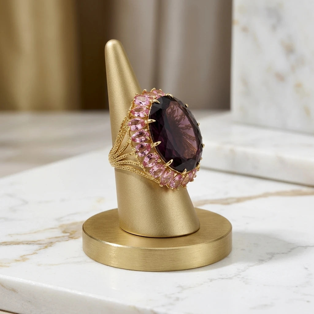 Amethyst and Pink Sapphire Ring - 18K Gold Plated