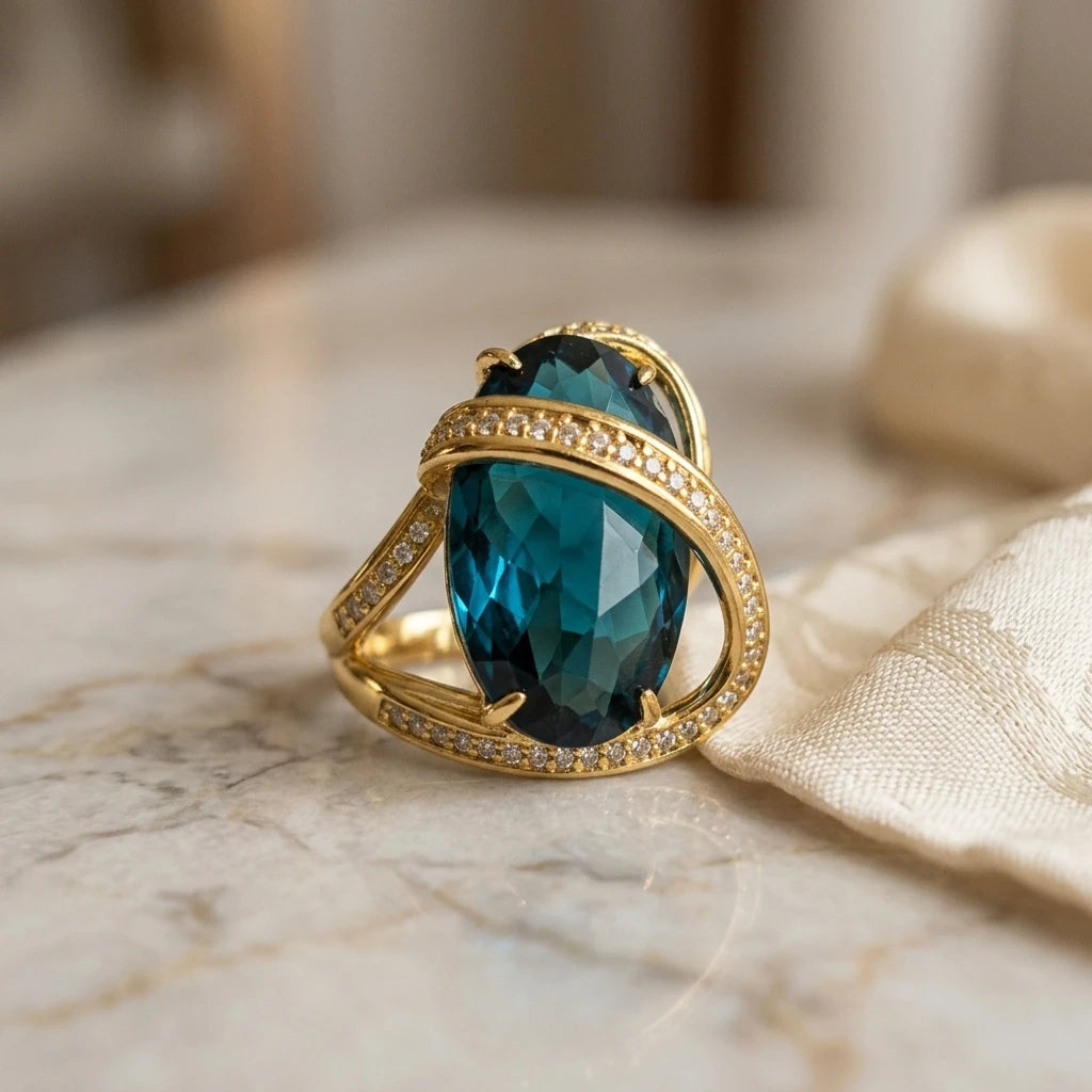 Paraiba Brazil Studded Zirconia Ring - 18K Gold Plated