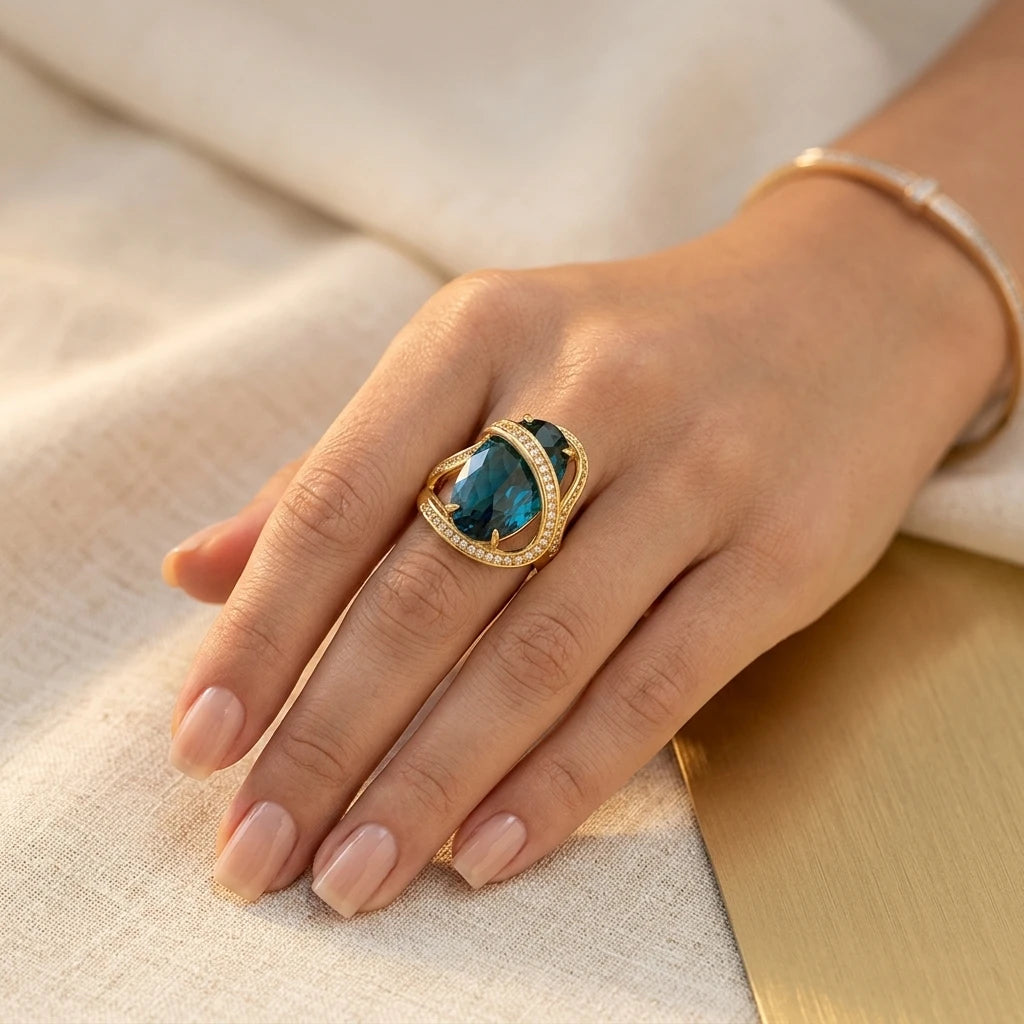 Paraiba Brazil Studded Zirconia Ring - 18K Gold Plated