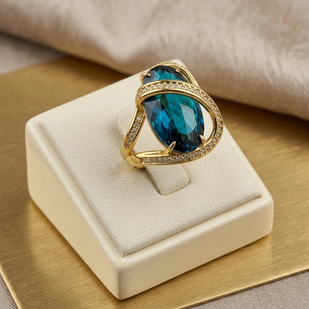 Paraiba Brazil Studded Zirconia Ring - 18K Gold Plated