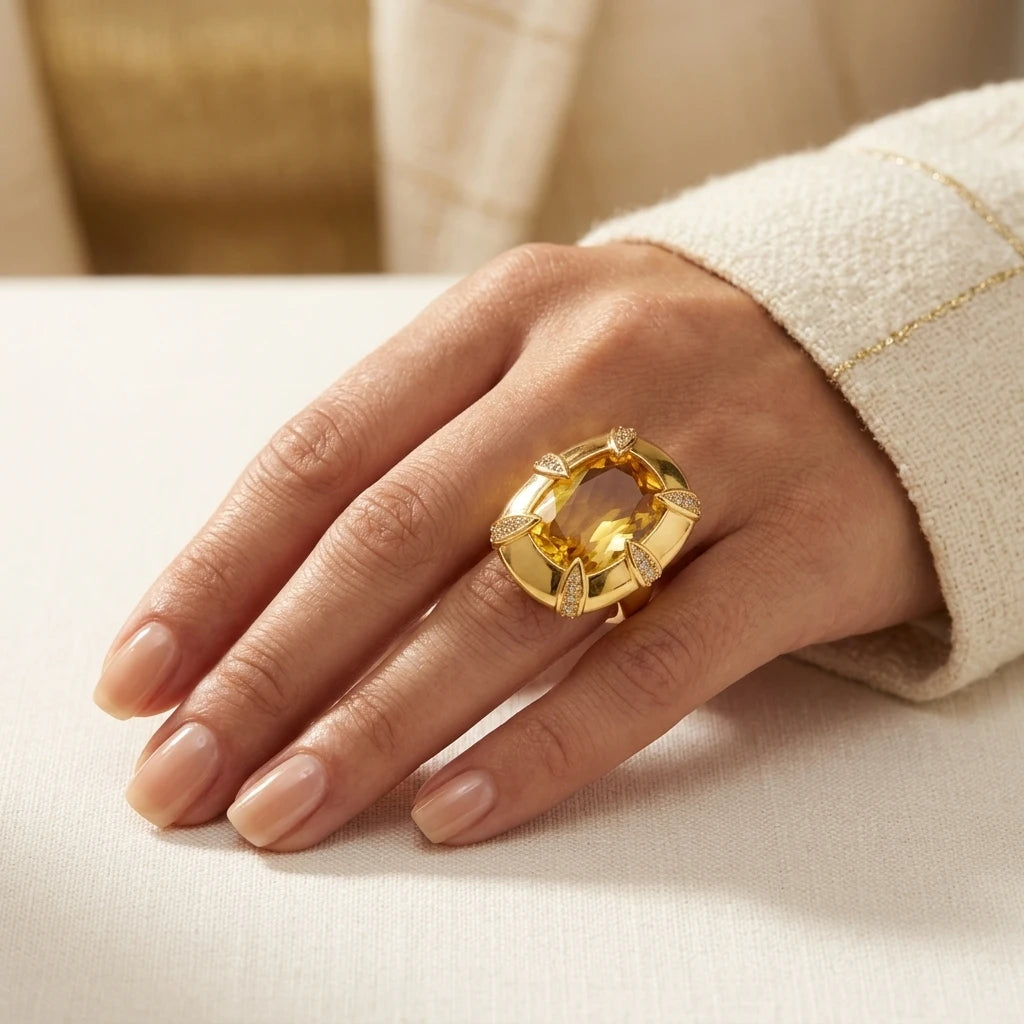 Citrine Studded Zirconia - 18K Gold Plated Ring