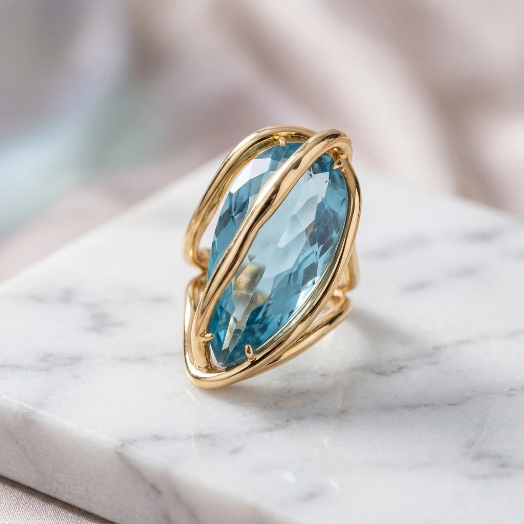 Aquamarine Teardrop Organic - 18K Gold Plated Ring