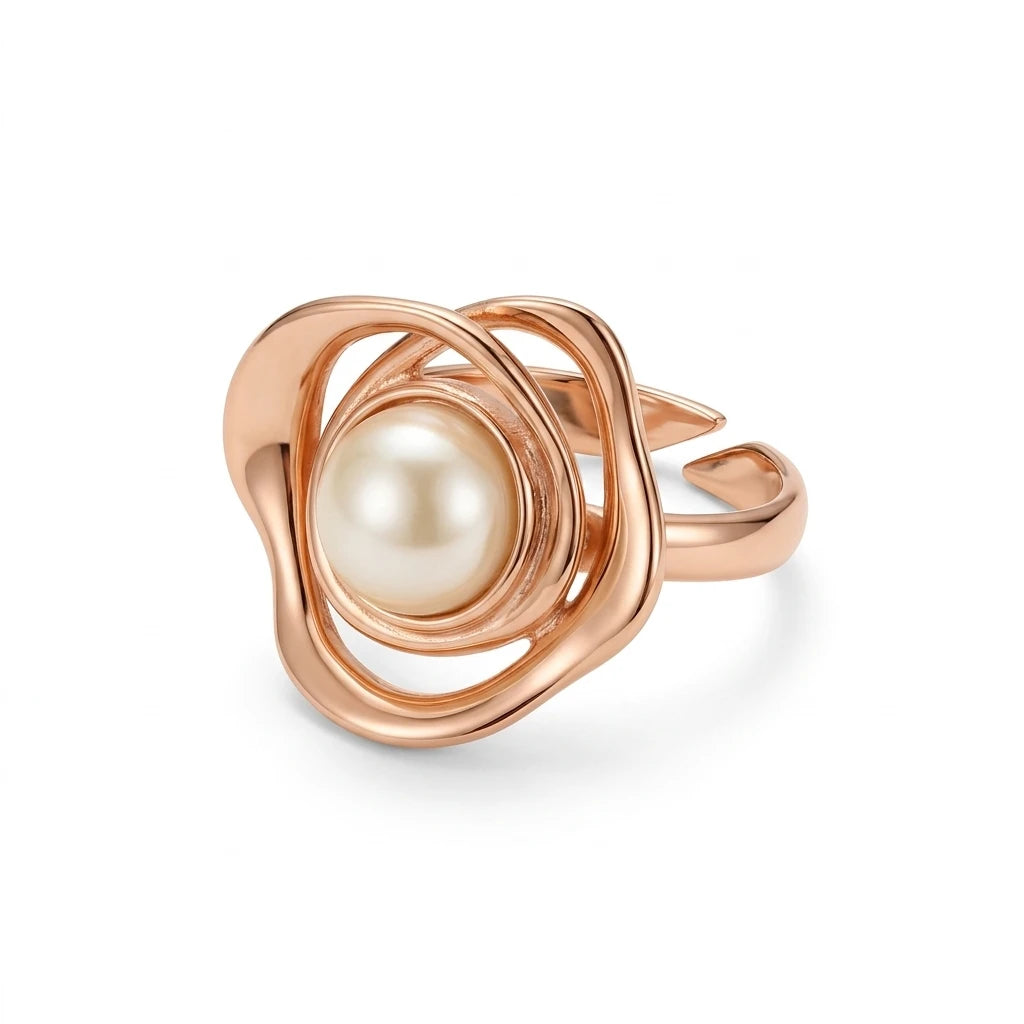 Adjustable Delicate Flower with Pearl Ring - 18K Gold Plated