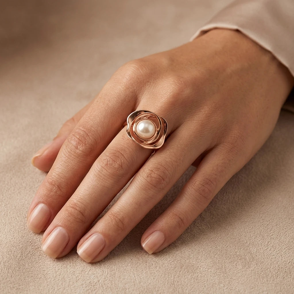 Adjustable Delicate Flower with Pearl Ring - 18K Gold Plated