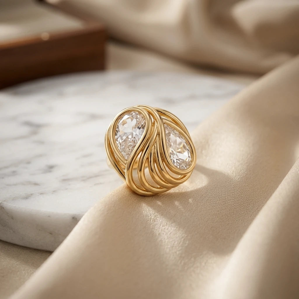 Adjustable Double Drop Stone Ring - 18K Gold Plated