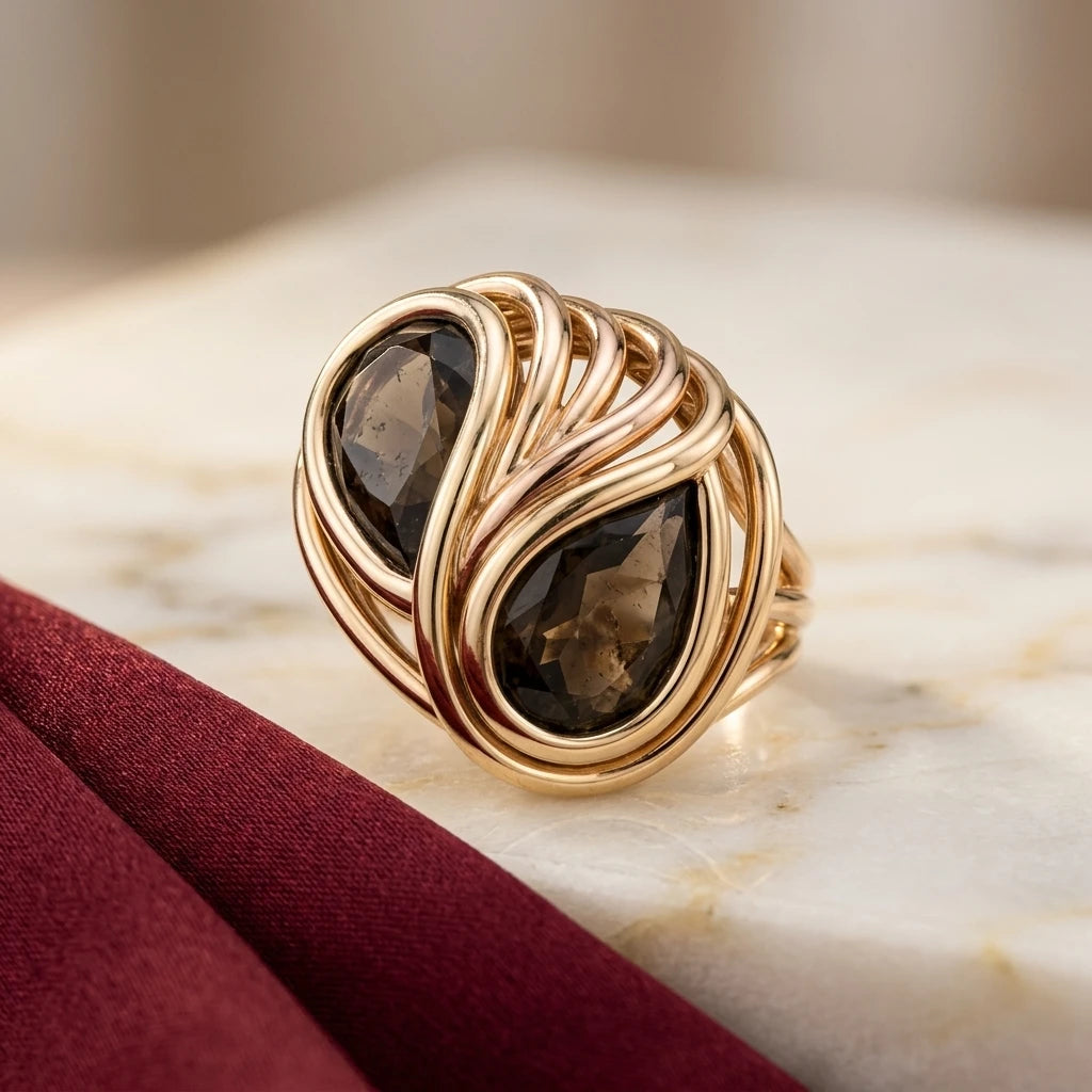 Adjustable Double Drop Stone Ring - 18K Gold Plated