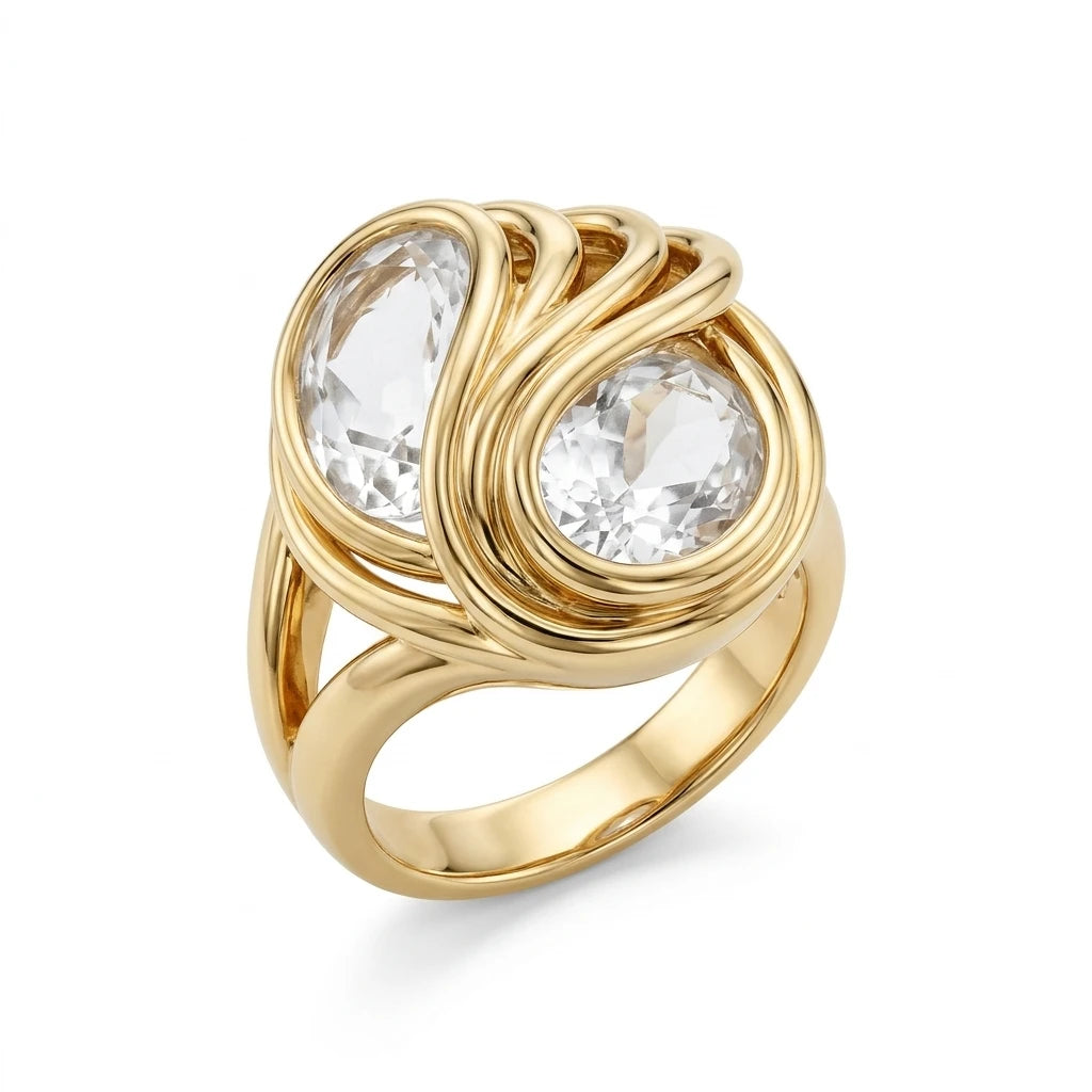 Adjustable Double Drop Stone Ring - 18K Gold Plated