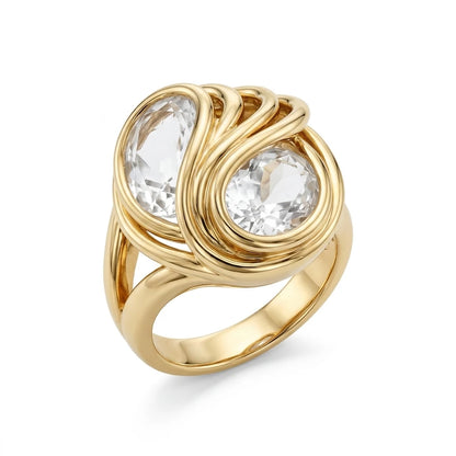 Adjustable Double Drop Stone Ring - 18K Gold Plated