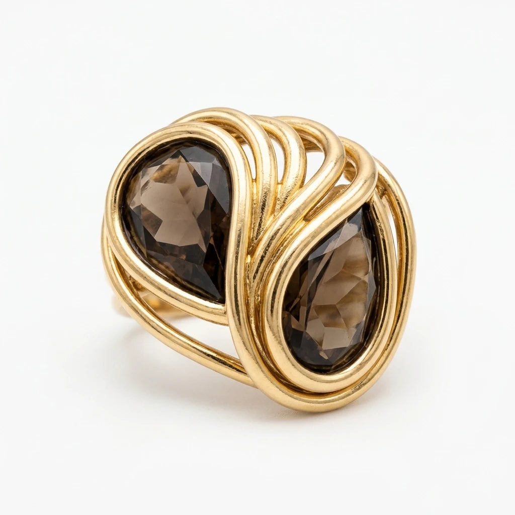 Adjustable Double Drop Stone Ring - 18K Gold Plated