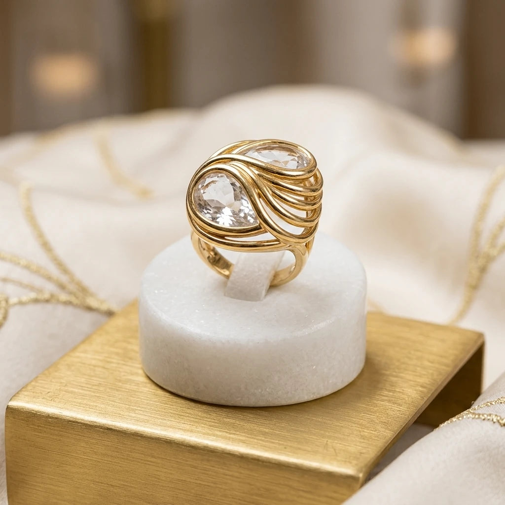 Adjustable Double Drop Stone Ring - 18K Gold Plated