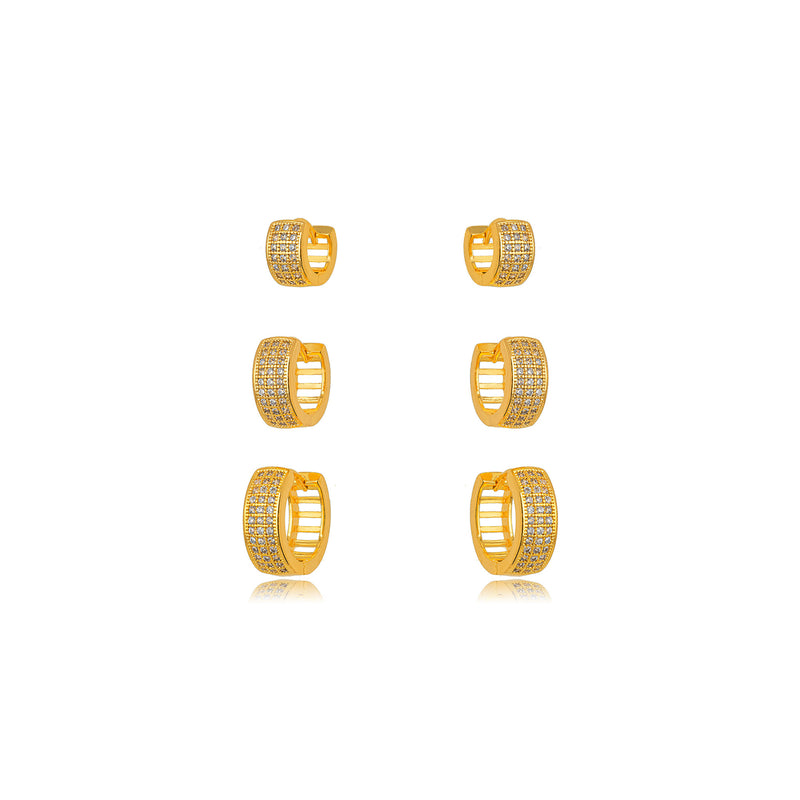 18K Gold Plated Trio Click Thick Hoops Studded Zirconia Earrings