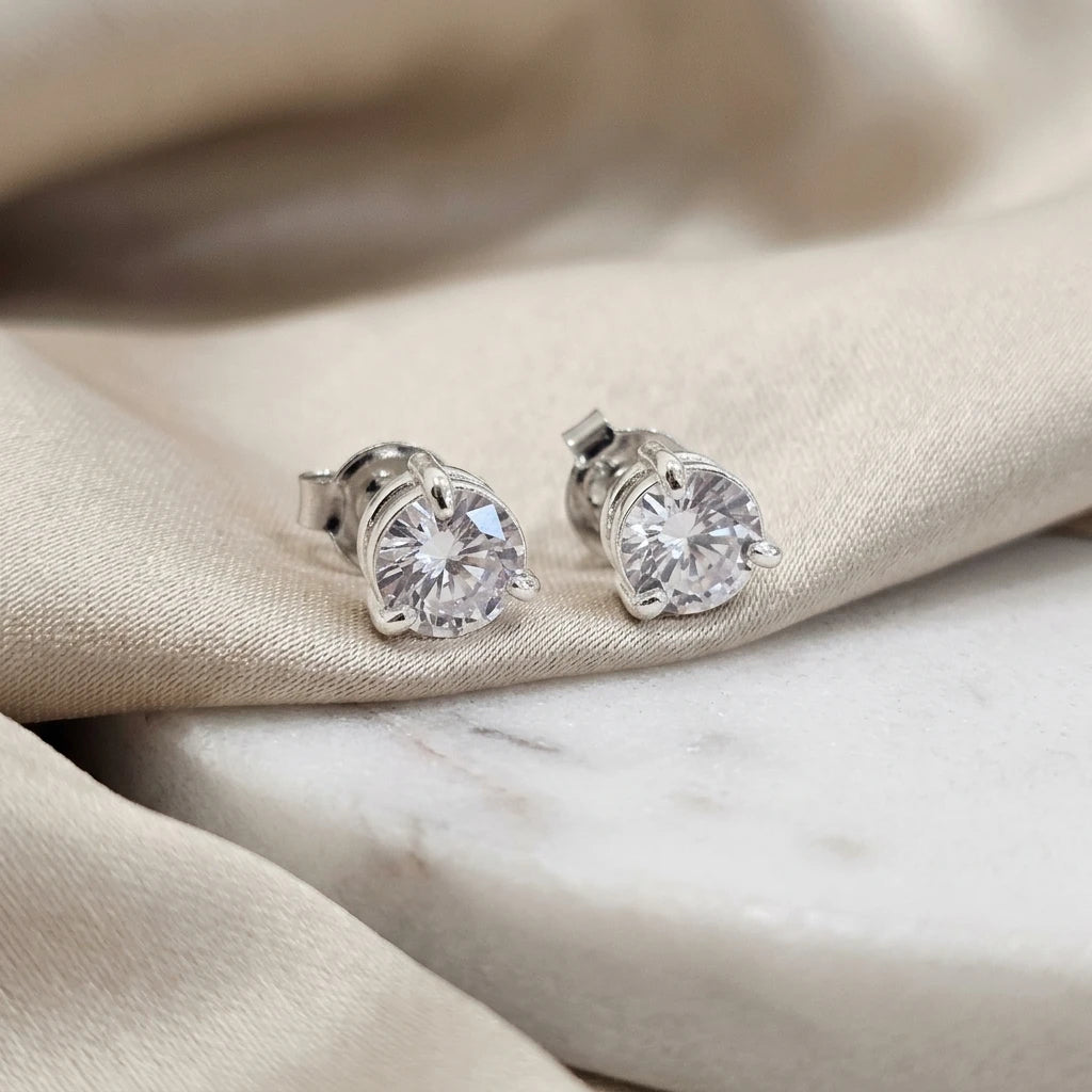 Silver Plated Round Cubic Zirconia Studs Earrings
