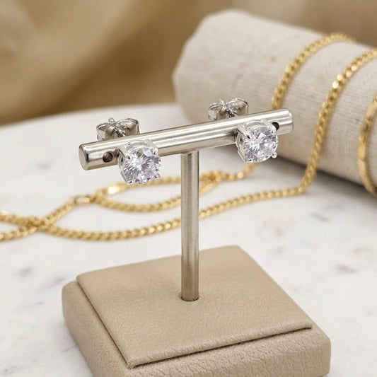 Silver Plated Round Cubic Zirconia Studs Earrings