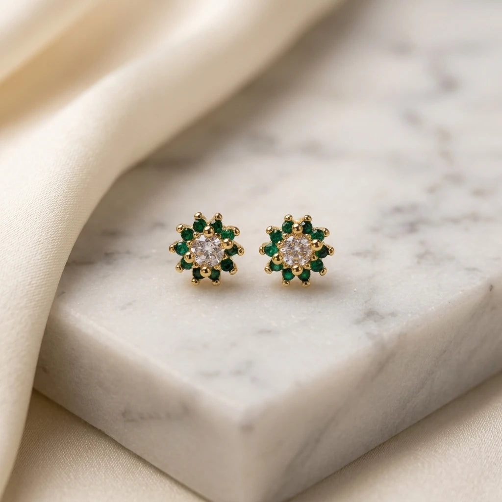 Round Shape Green Zirconia Earrings - 18K Gold Plated