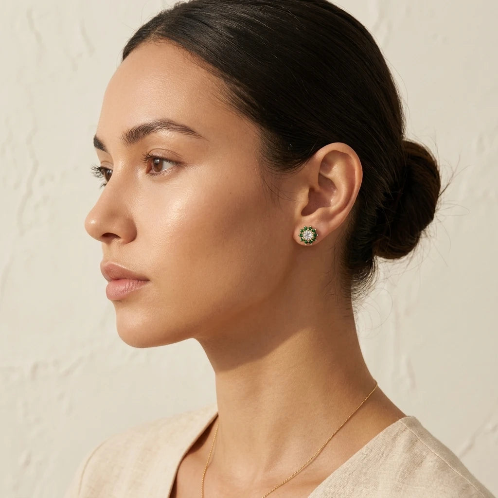 Round Shape Green Zirconia Earrings - 18K Gold Plated