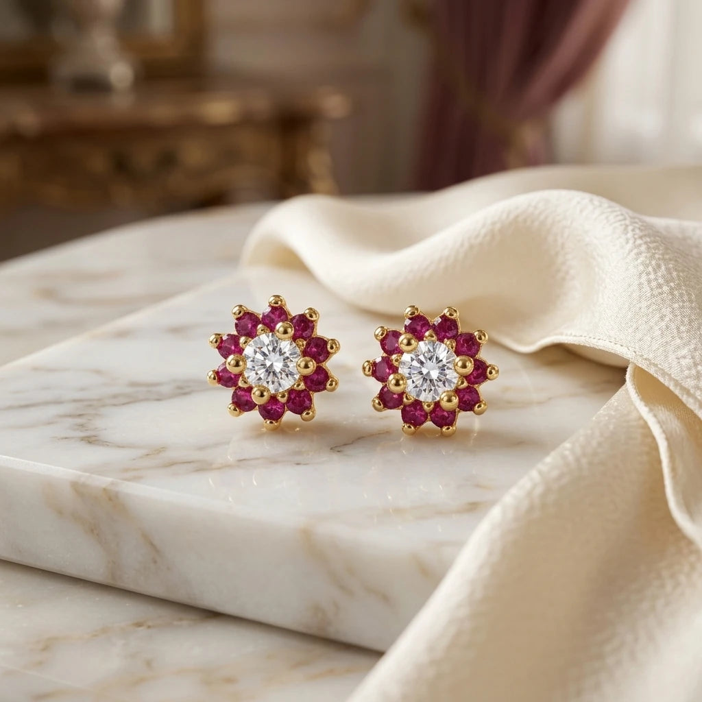 Round Shape Pink Zirconia Earrings - 18K Gold Plated