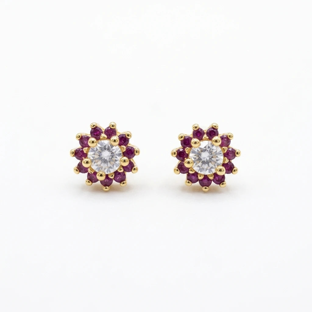 Round Shape Pink Zirconia Earrings - 18K Gold Plated