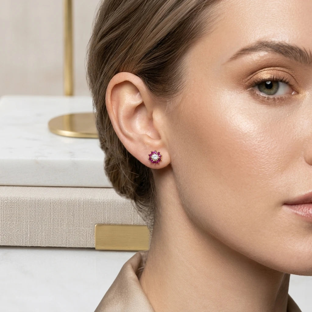 Round Shape Pink Zirconia Earrings - 18K Gold Plated