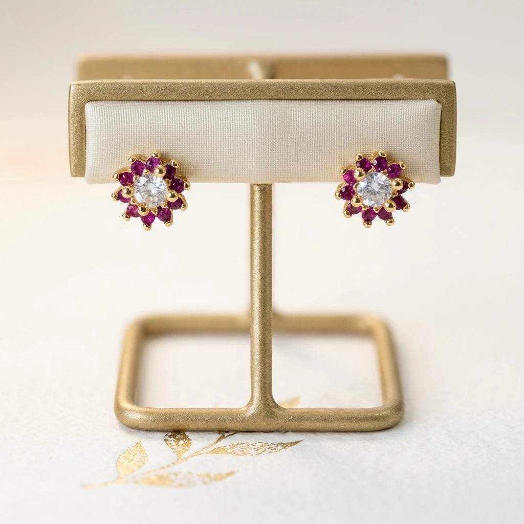 Round Shape Pink Zirconia Earrings - 18K Gold Plated