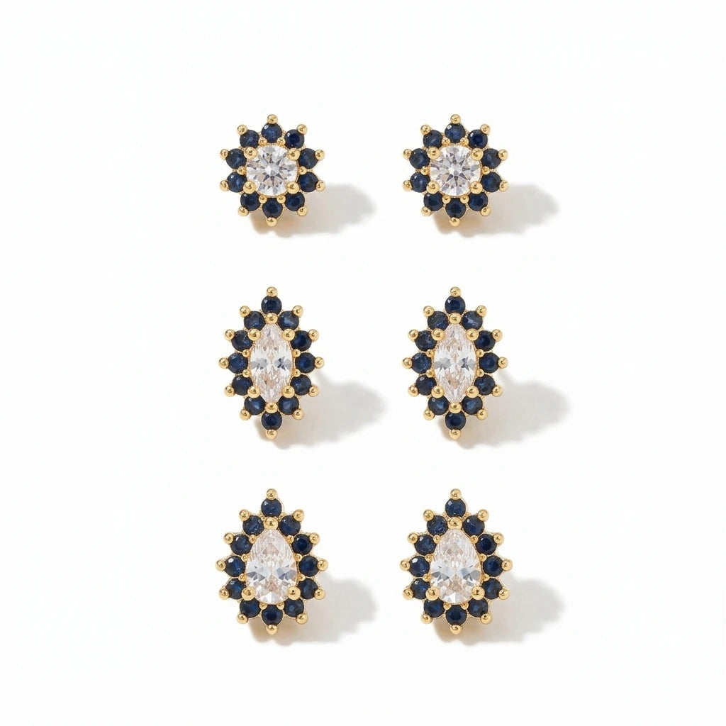 Blue Trio Zirconia Earrings - 18K Gold Plated