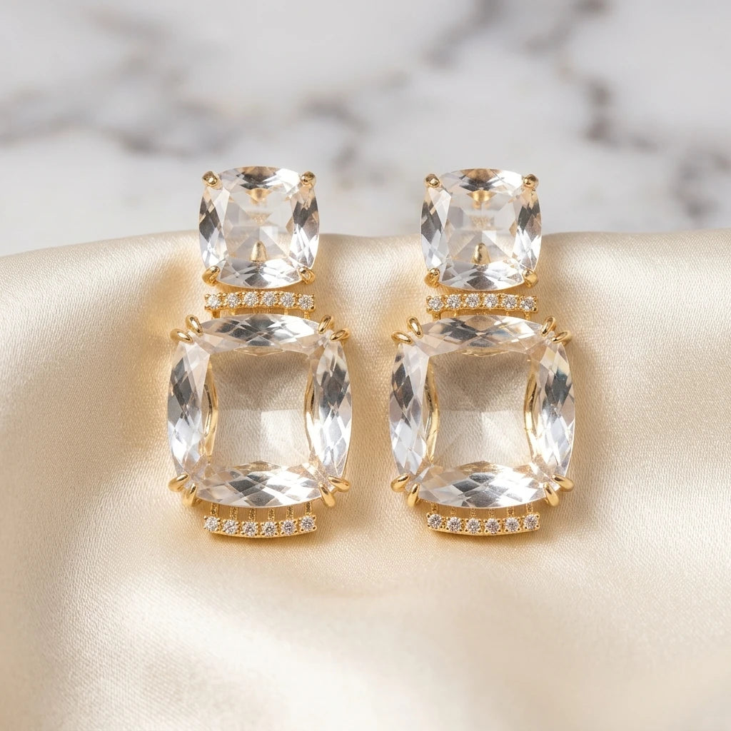 Double Square Crystal Earrings - 18K Gold Plated