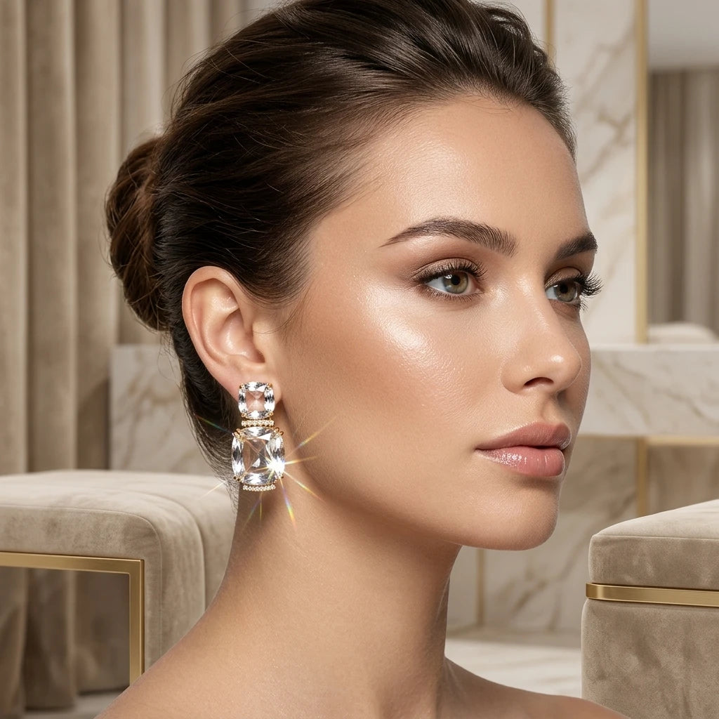 Double Square Crystal Earrings - 18K Gold Plated