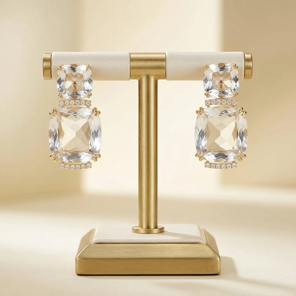 Double Square Crystal Earrings - 18K Gold Plated