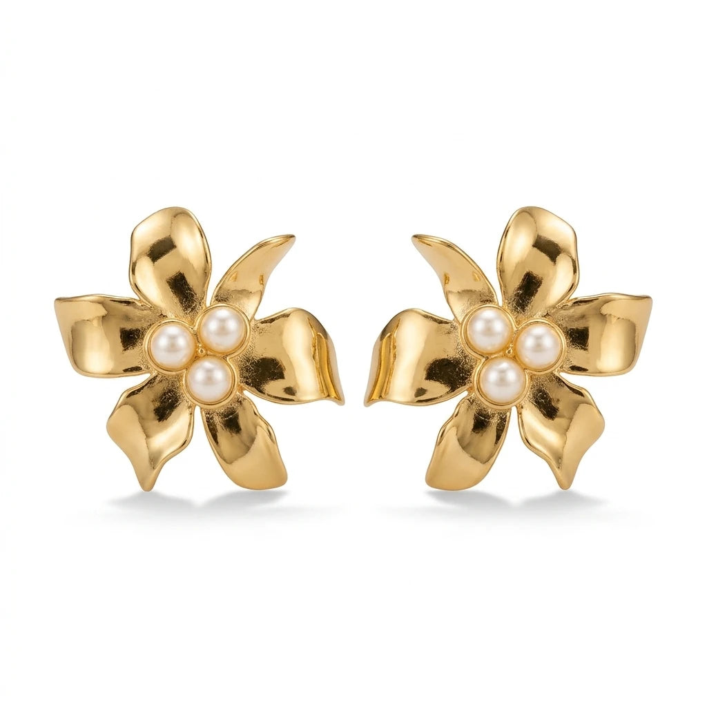 Flower with Pearls Earrings -18K Gold Plated