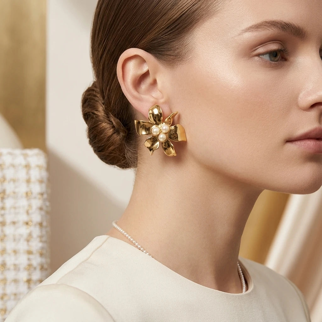 Flower with Pearls Earrings -18K Gold Plated