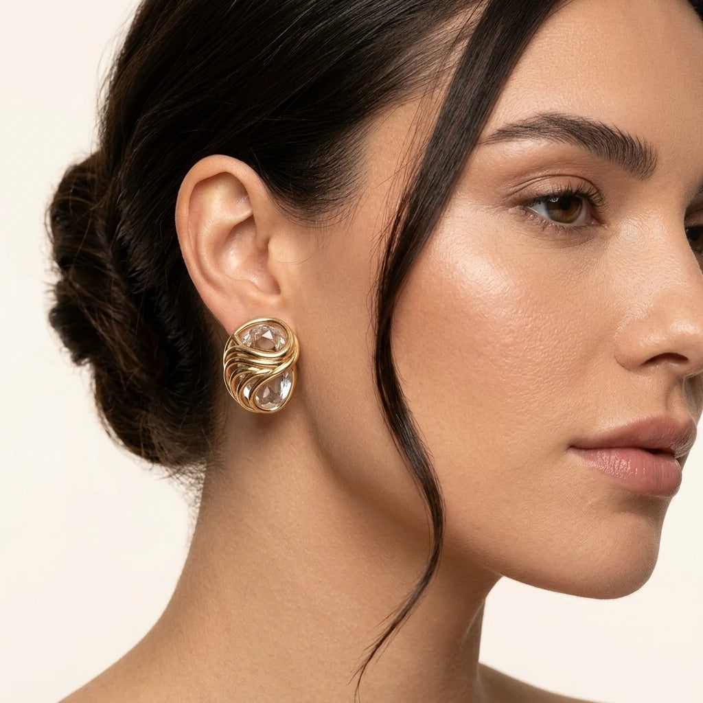 Double Drop Stone Earring - 18K Gold Plated