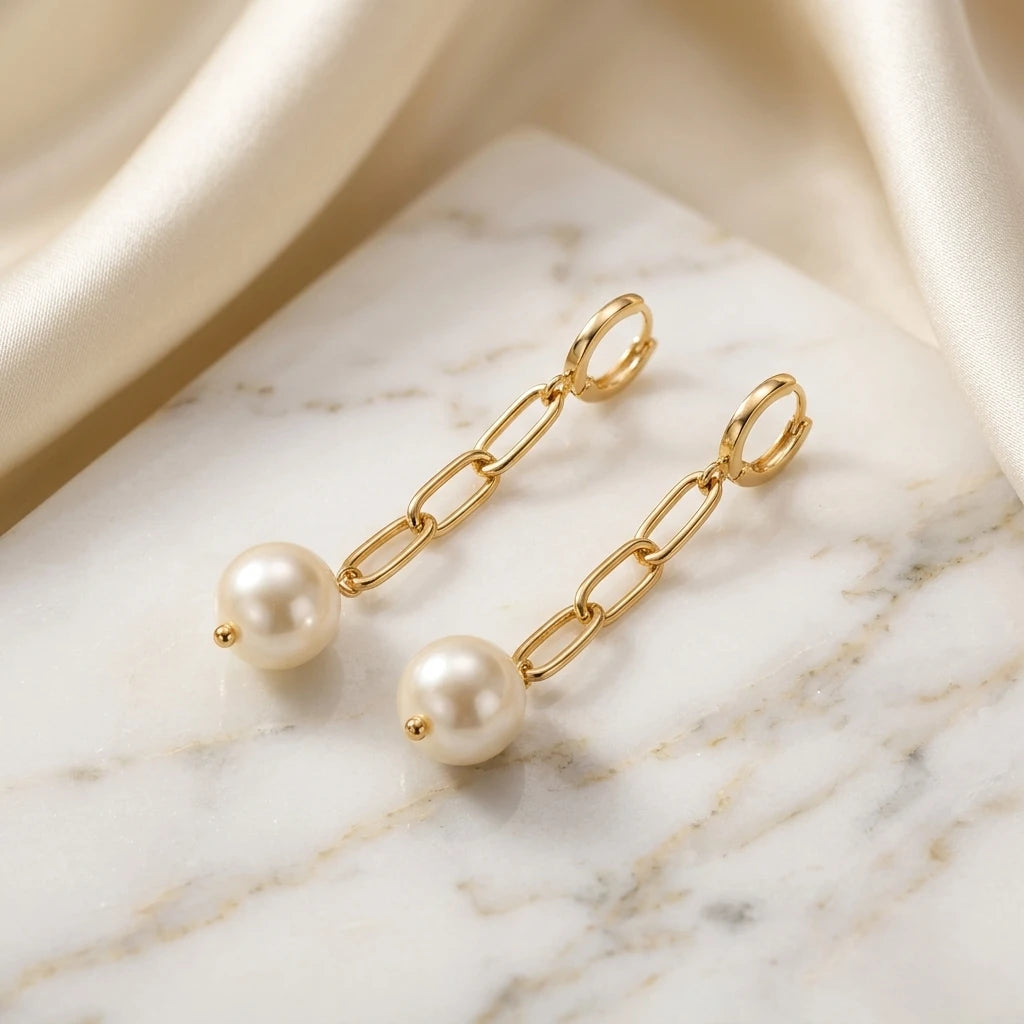 Middle Hoop With Shell Pearl Pendant Earrings - 18K Gold Plated