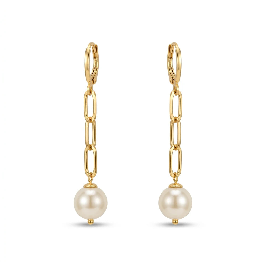 Middle Hoop With Shell Pearl Pendant Earrings - 18K Gold Plated