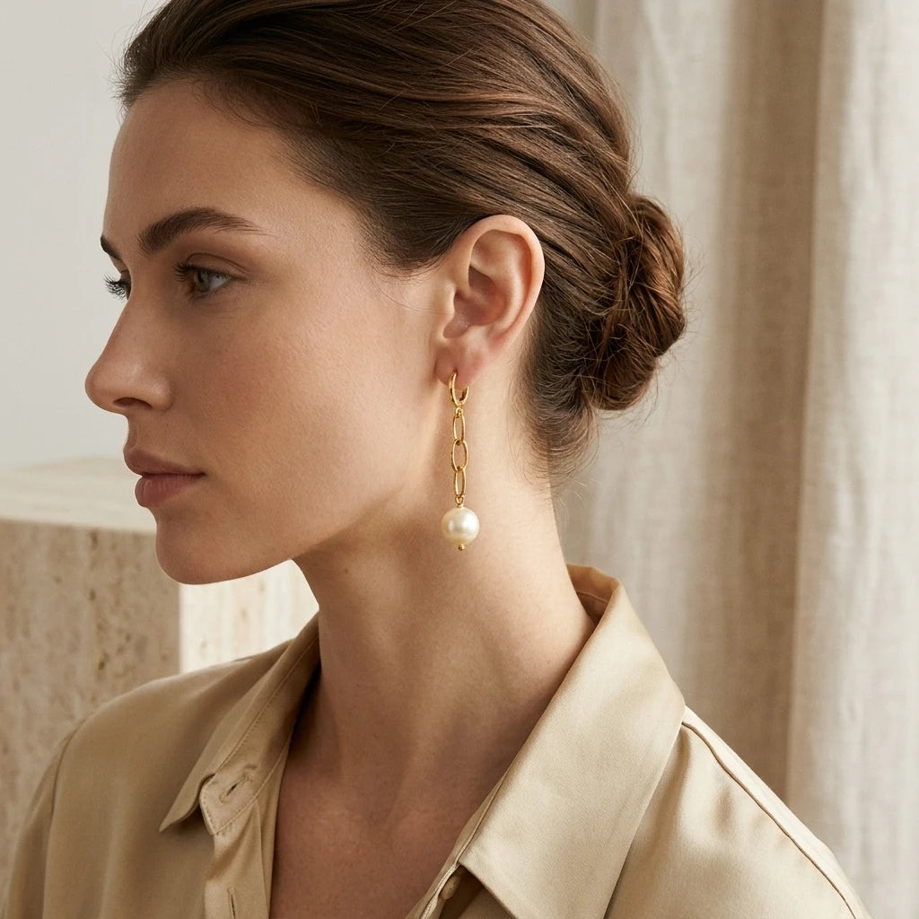 Middle Hoop With Shell Pearl Pendant Earrings - 18K Gold Plated