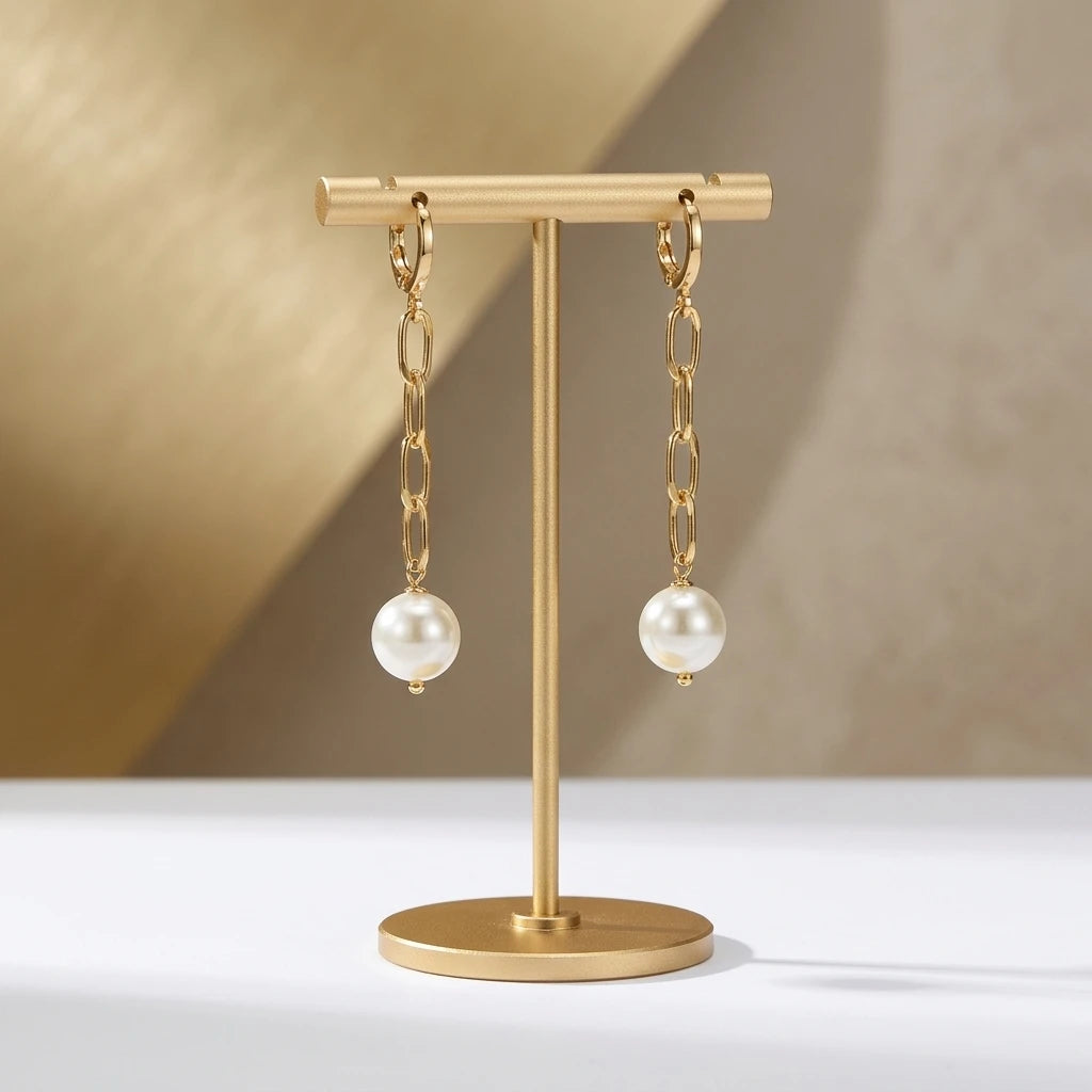 Middle Hoop With Shell Pearl Pendant Earrings - 18K Gold Plated