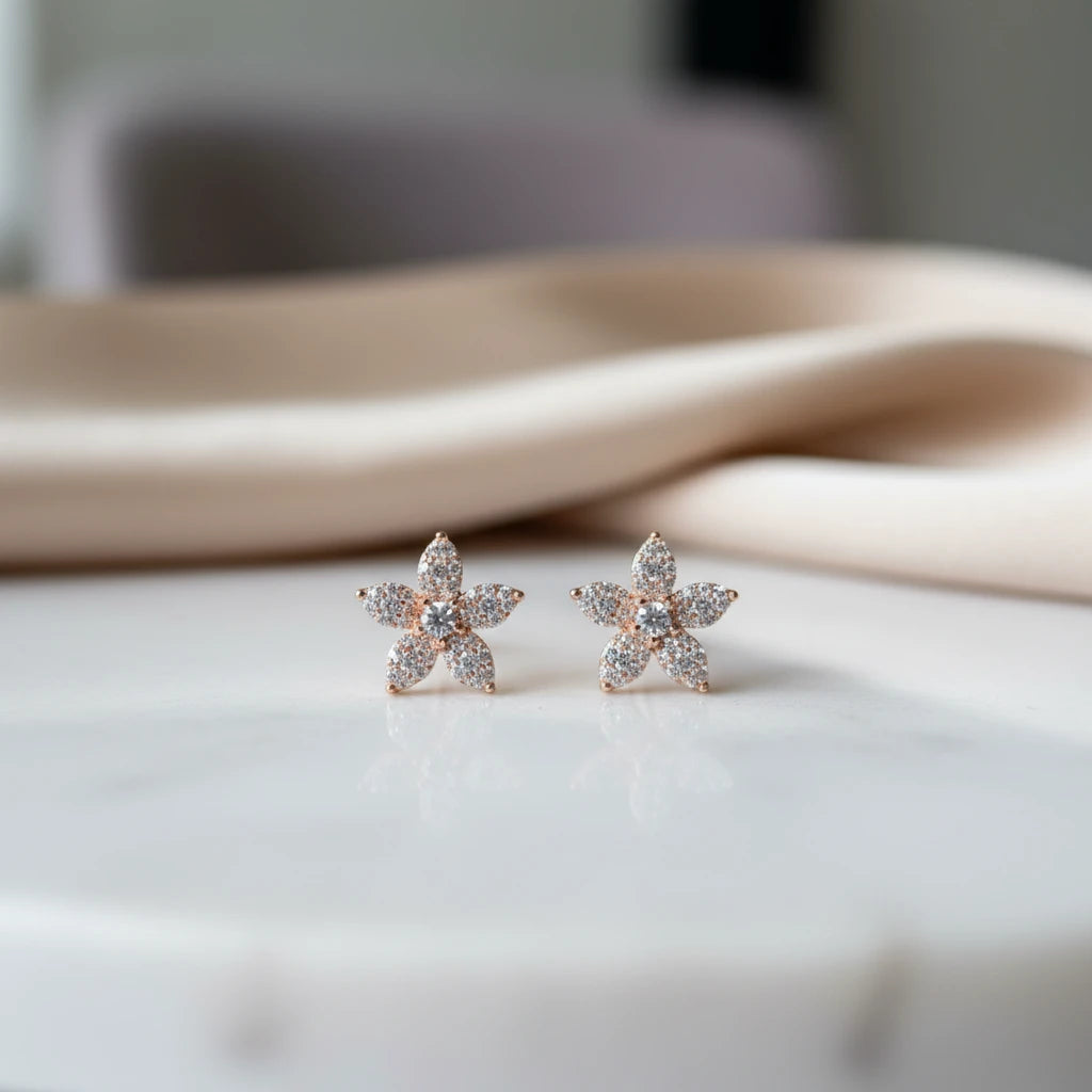 Flower Studded Zirconia Earrings - 18K Gold Plated