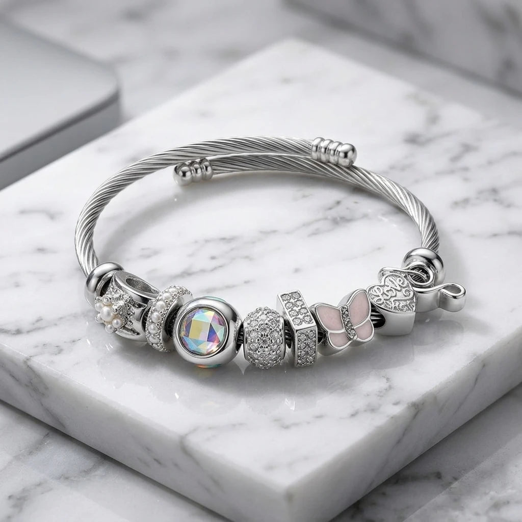 Charm Cable Bracelet - White Rhodium Plated