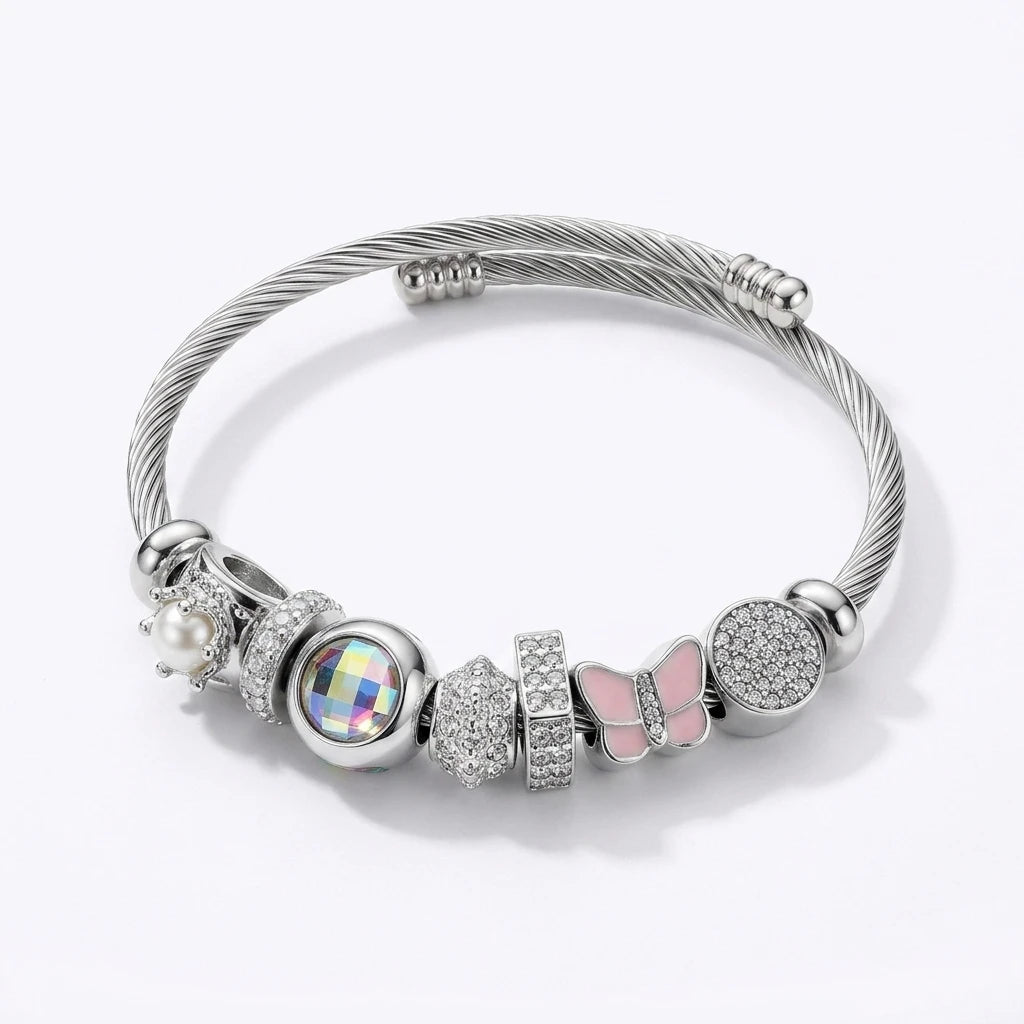 Charm Cable Bracelet - White Rhodium Plated
